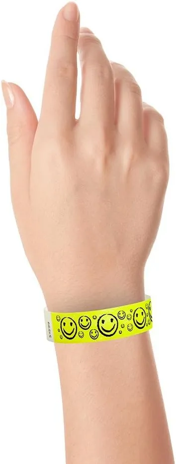 500 WristCo Yellow Smiley Face Tyvek Wristbands for Events -  x 10 - Waterproof Recyclable Comfortable Tear Resistant Paper Bracelets Wrist Bands for Concerts Festivals Admission Party
