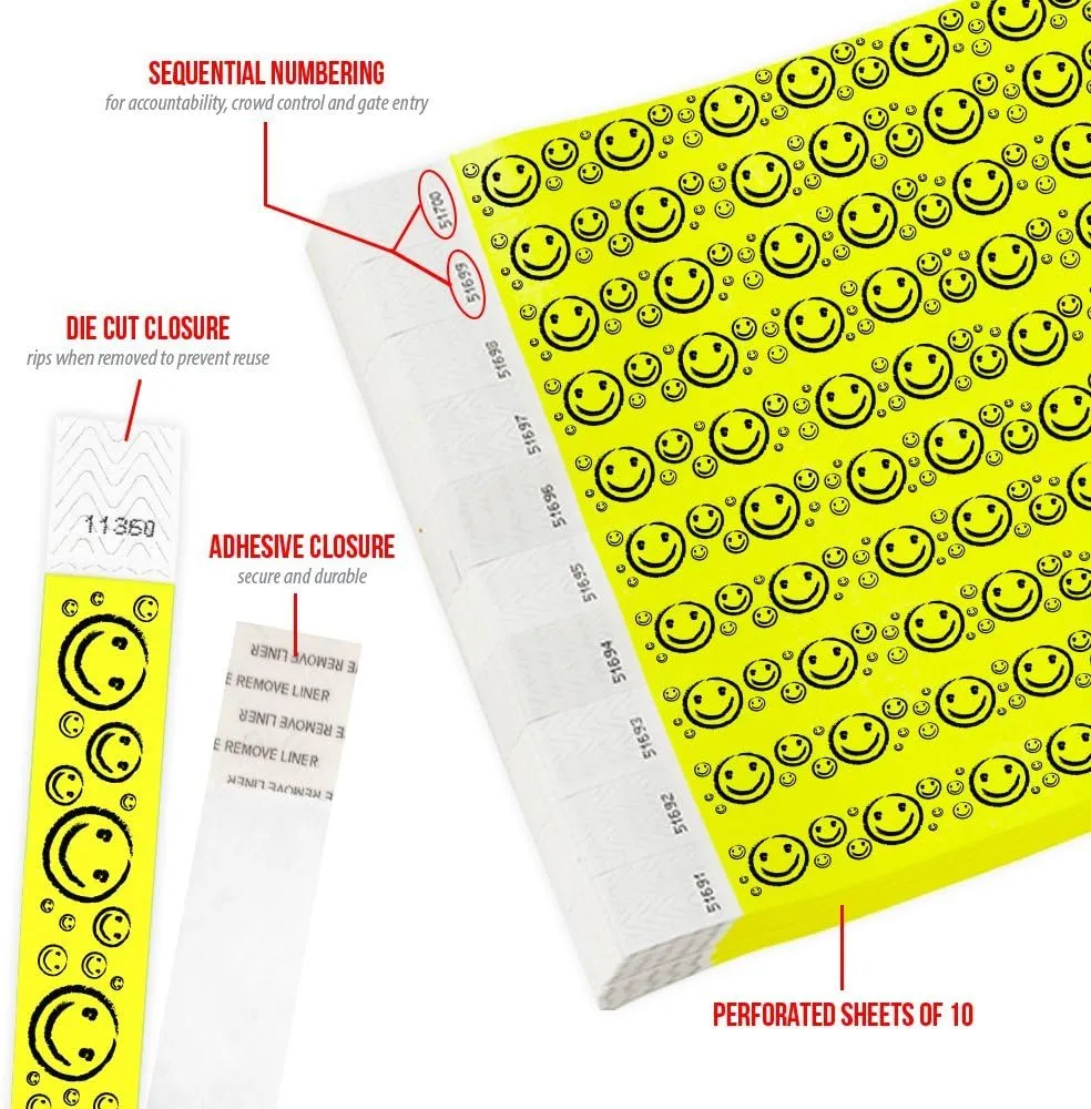 500 WristCo Yellow Smiley Face Tyvek Wristbands for Events -  x 10 - Waterproof Recyclable Comfortable Tear Resistant Paper Bracelets Wrist Bands for Concerts Festivals Admission Party