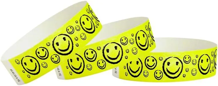 500 WristCo Yellow Smiley Face Tyvek Wristbands for Events -  x 10 - Waterproof Recyclable Comfortable Tear Resistant Paper Bracelets Wrist Bands for Concerts Festivals Admission Party