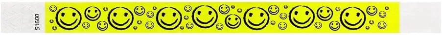 500 WristCo Yellow Smiley Face Tyvek Wristbands for Events -  x 10 - Waterproof Recyclable Comfortable Tear Resistant Paper Bracelets Wrist Bands for Concerts Festivals Admission Party
