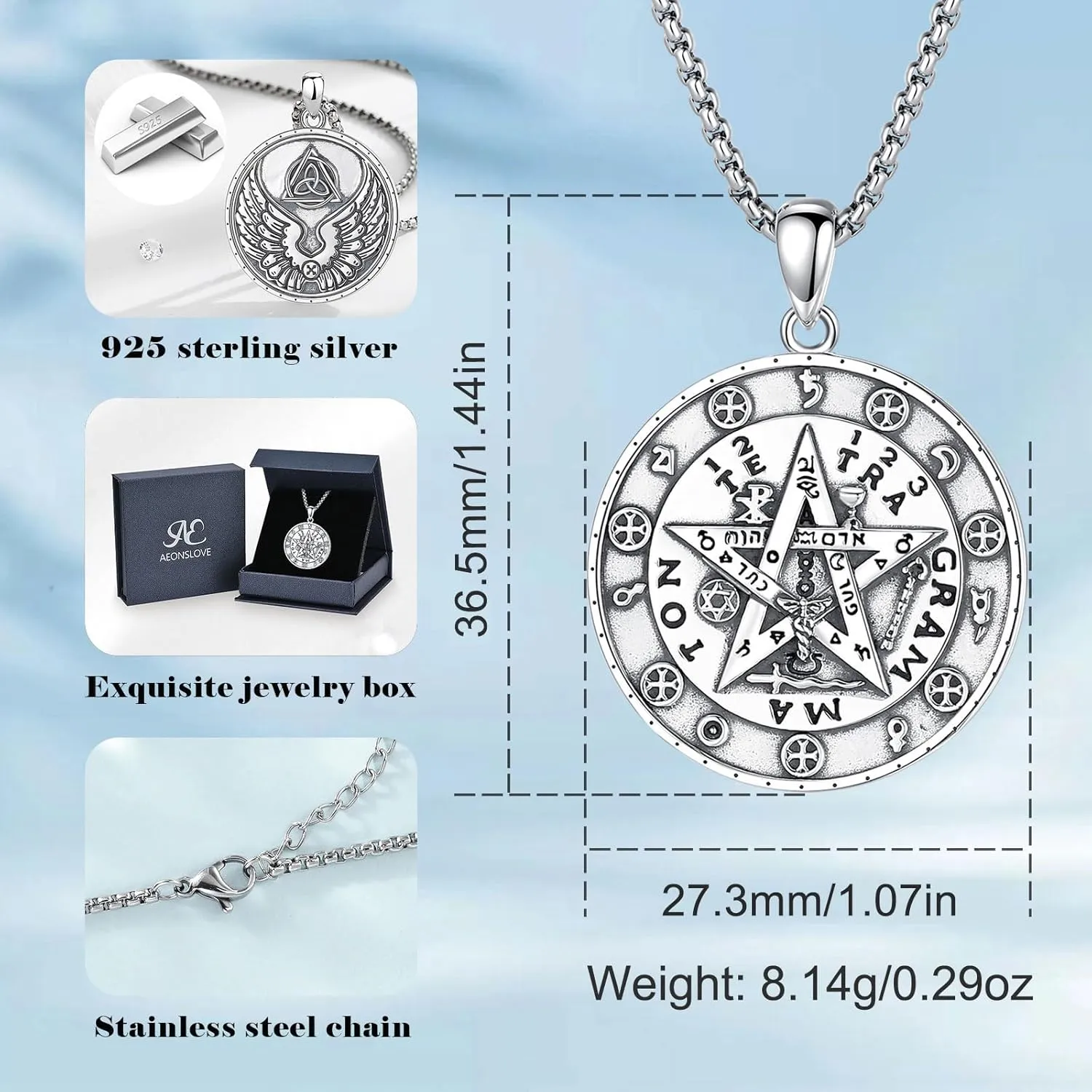 AEONSLOVE Tetragrammaton De Plata 925 Sterling Silver Tetragrammaton Necklace/Metatron Cube Pendant Amuleto De Proteccion Gifts for Women Men