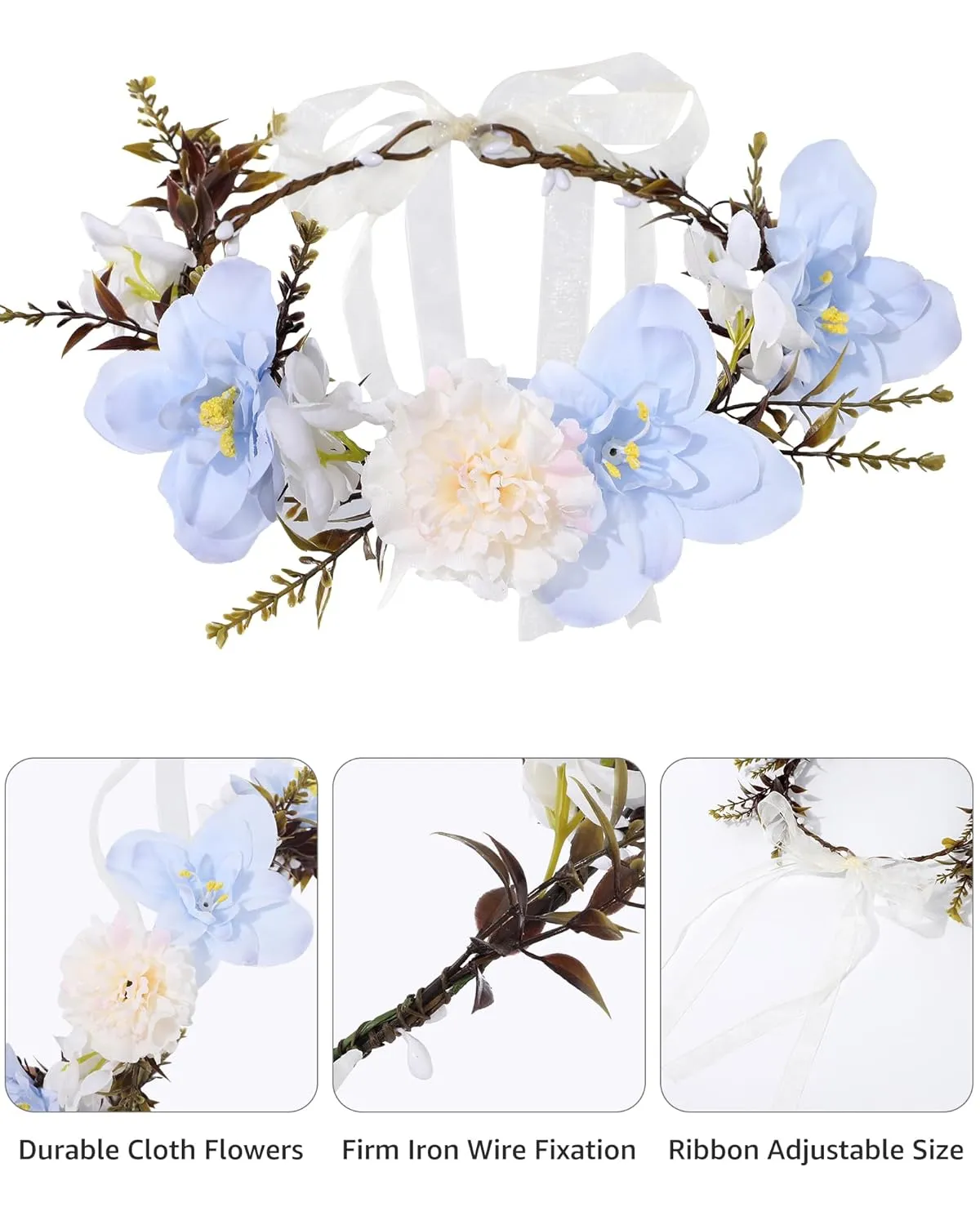 AWAYTR Leaf Flower Crown Garland Headpiece - Hair Floral Wreath Adjustable Flower Headbands for Bridal Wedding Festival Party Flower Leaves Crown (Blue)