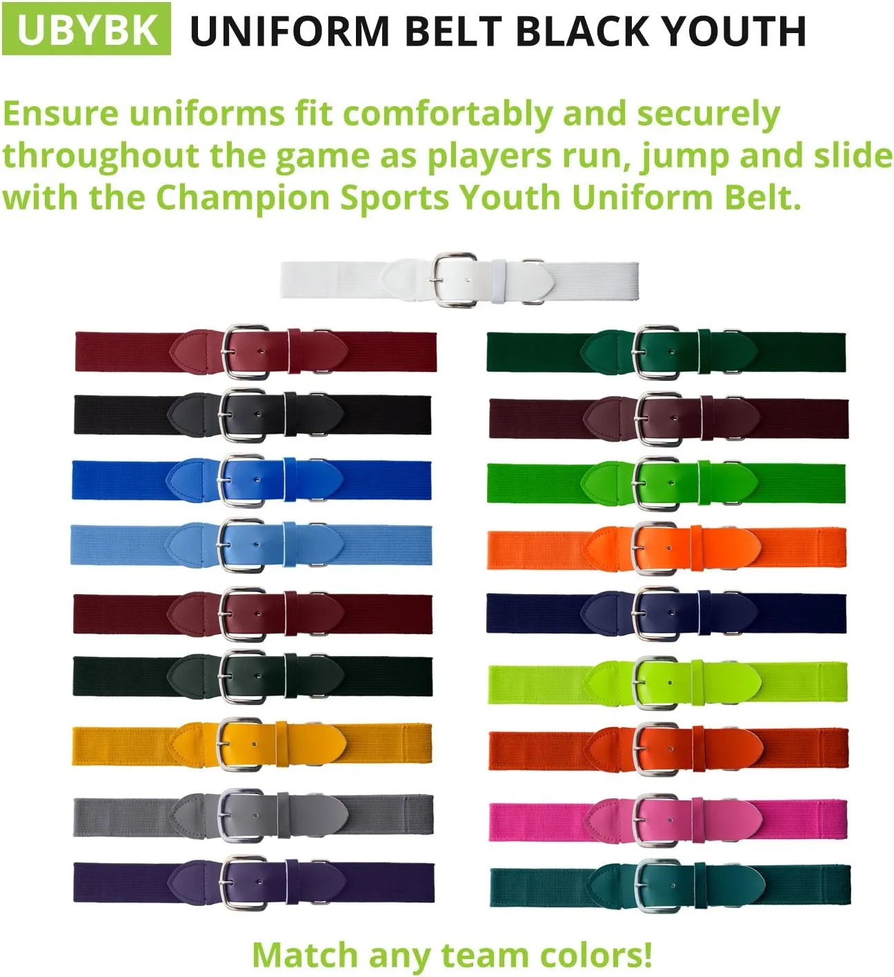 Champion Sports Uniform Adjustable Elastic Belt for Youth & Adults  1.5" Wide  for Baseball, Softball & More