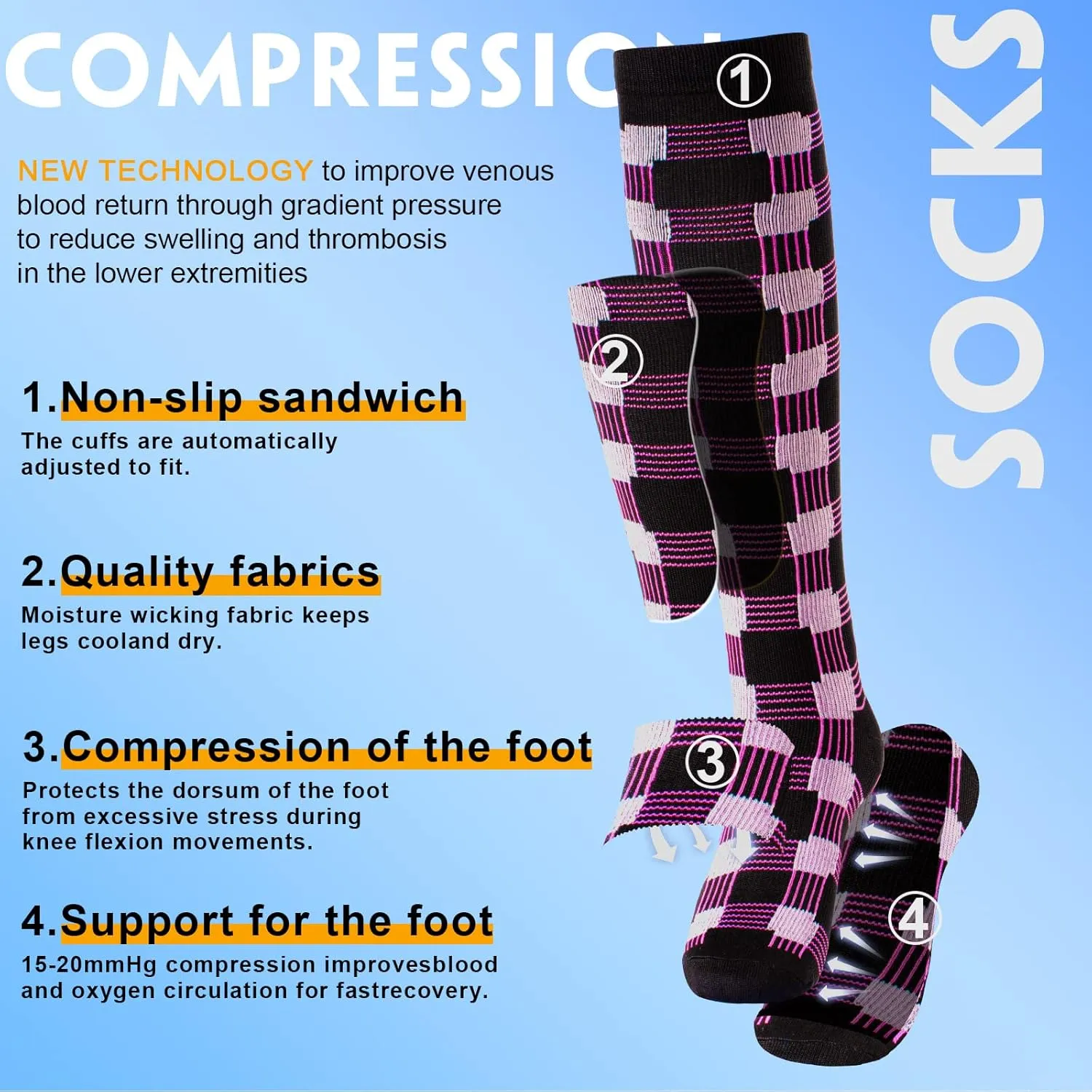 Compression Socks for Women & Men 6 Pairs Knee High Compression Socks 20-30 mmhg Best for Running,Nurse,Travel
