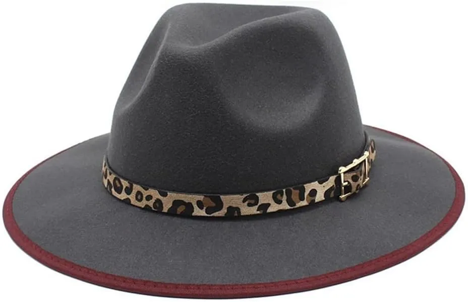 DHAEY British Wrapped Woolen Top Hat Autumn and Winter Casual Big Brimmed Men's Vintage Felt Hat Leopard Fashion Jazz Hat Luopan Caps & Hats(Gris)