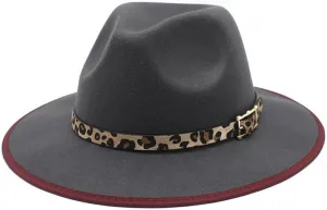 DHAEY British Wrapped Woolen Top Hat Autumn and Winter Casual Big Brimmed Men's Vintage Felt Hat Leopard Fashion Jazz Hat Luopan Caps & Hats(Gris)