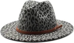 DHAEY European and American Fur Leopard Print Hat Men and Women Flat Brim Jazz Hat Big Brimmed Hat Felt Hat Straight Brimmed Hat Luopan Caps & Hats(Gris)