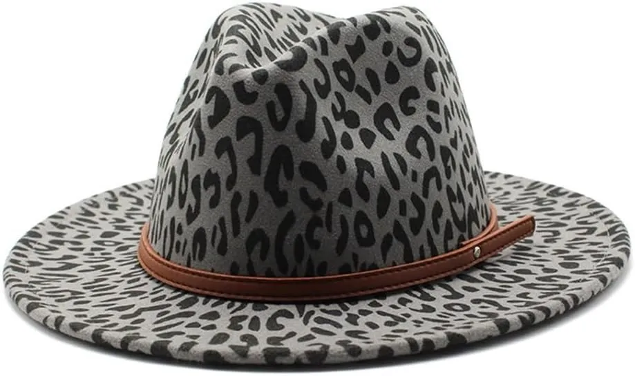 DHAEY European and American Fur Leopard Print Hat Men and Women Flat Brim Jazz Hat Big Brimmed Hat Felt Hat Straight Brimmed Hat Luopan Caps & Hats(Gris)