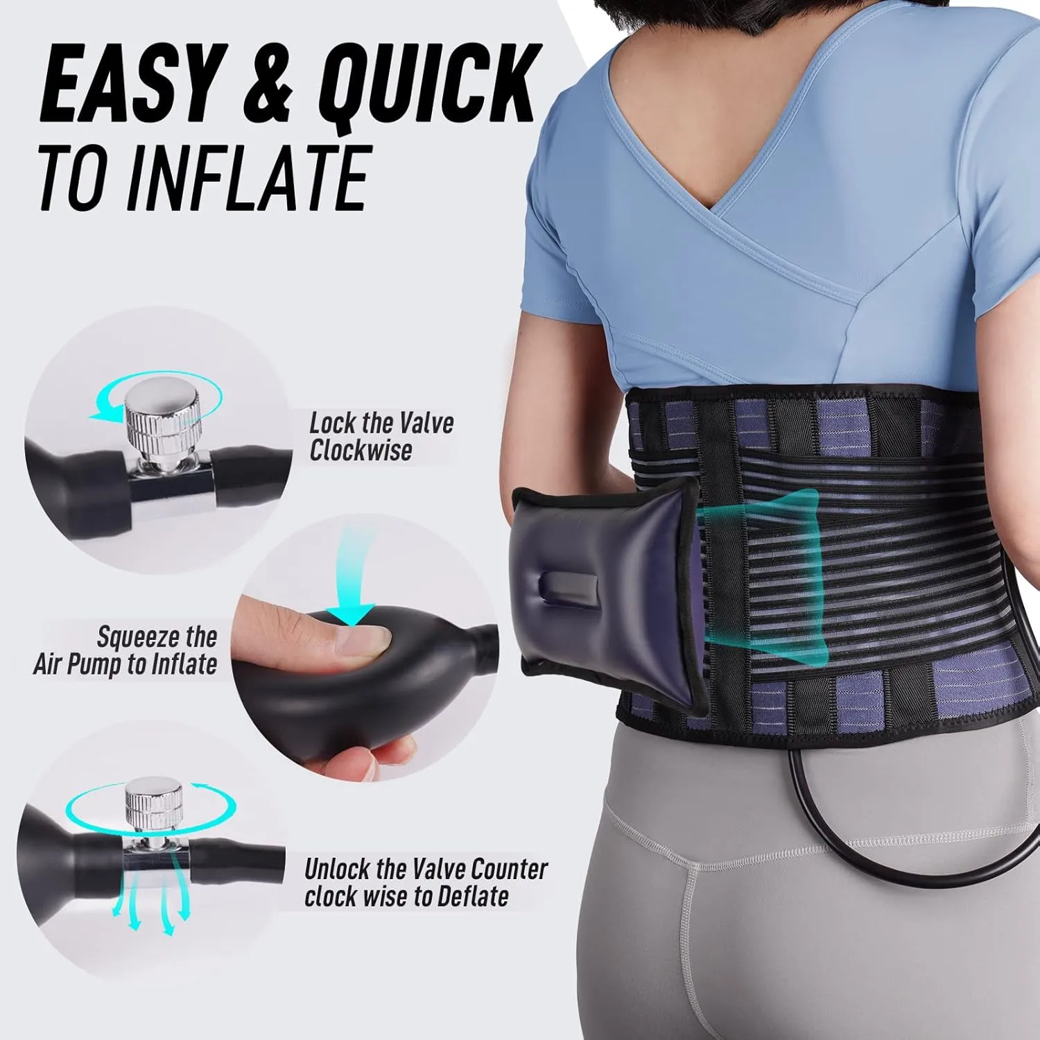 FEATOL Back Brace with Inflatable Pad for Men Women Lower Back Pain Relief, Heavy Lifting,Scoliosis and Herniated Disc Breathable Back Support Belt L/XL fits 29"-37