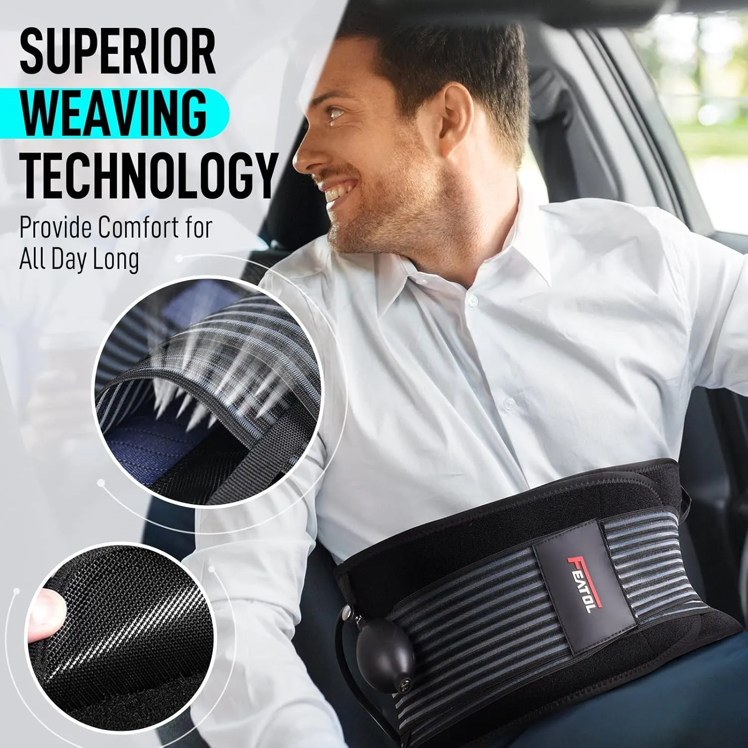 FEATOL Back Brace with Inflatable Pad for Men Women Lower Back Pain Relief, Heavy Lifting,Scoliosis and Herniated Disc Breathable Back Support Belt L/XL fits 29"-37