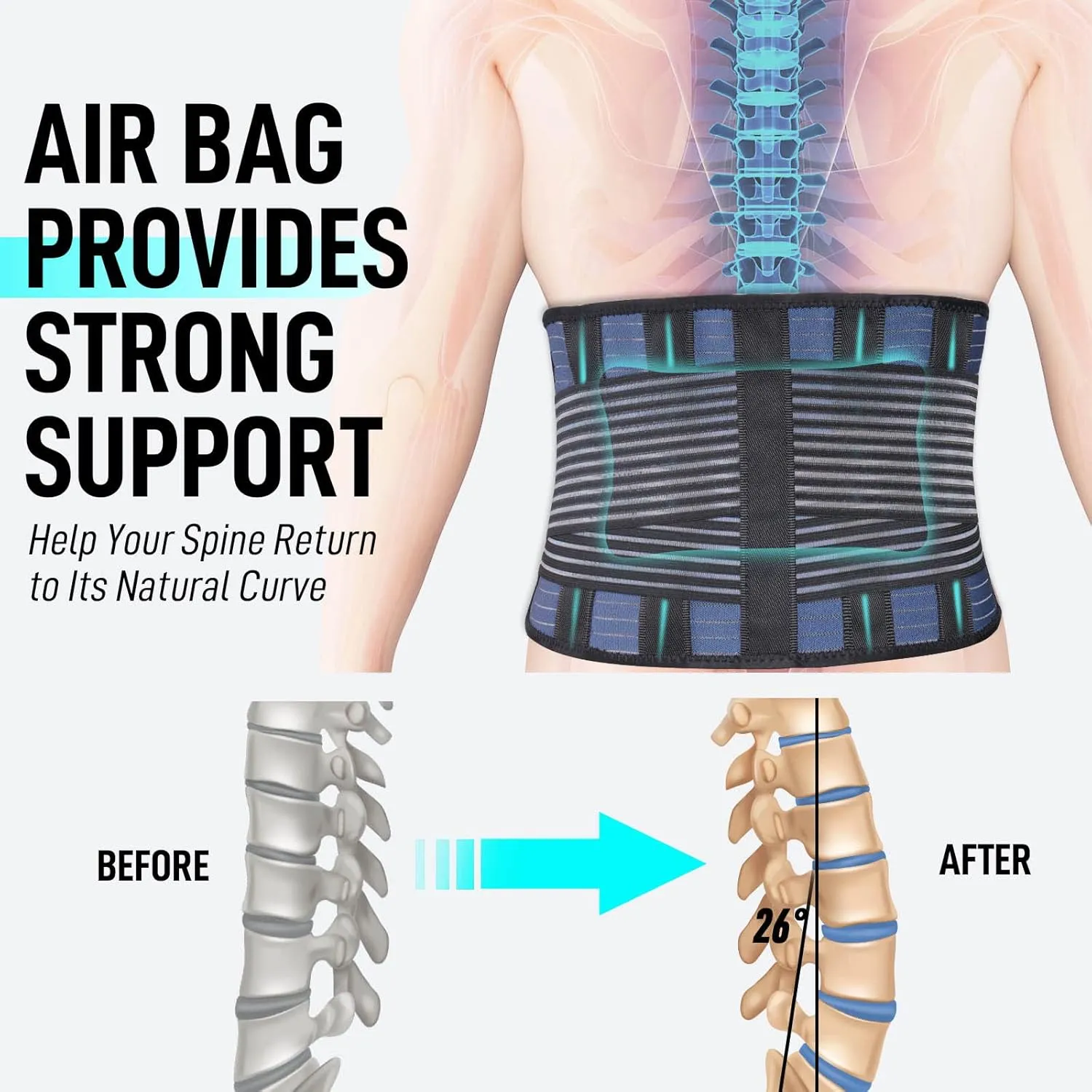 FEATOL Back Brace with Inflatable Pad for Men Women Lower Back Pain Relief, Heavy Lifting,Scoliosis and Herniated Disc Breathable Back Support Belt L/XL fits 29"-37