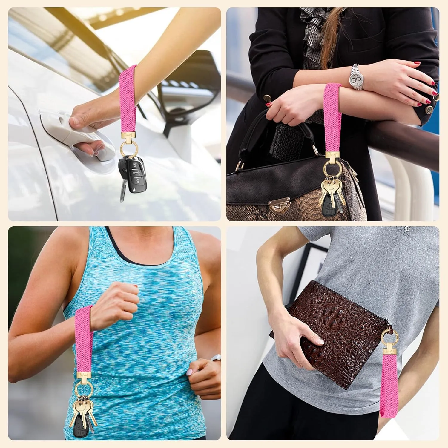 Fishent Stretchy Wristlet Keychain, Cute Key Chain, Woven Wrist Lanyard for Car Keys with 3 Keyrings and D-ring for Women Men