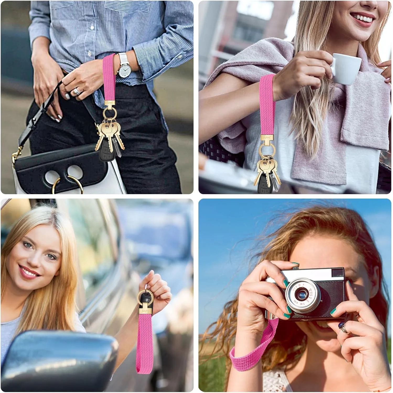 Fishent Stretchy Wristlet Keychain, Cute Key Chain, Woven Wrist Lanyard for Car Keys with 3 Keyrings and D-ring for Women Men