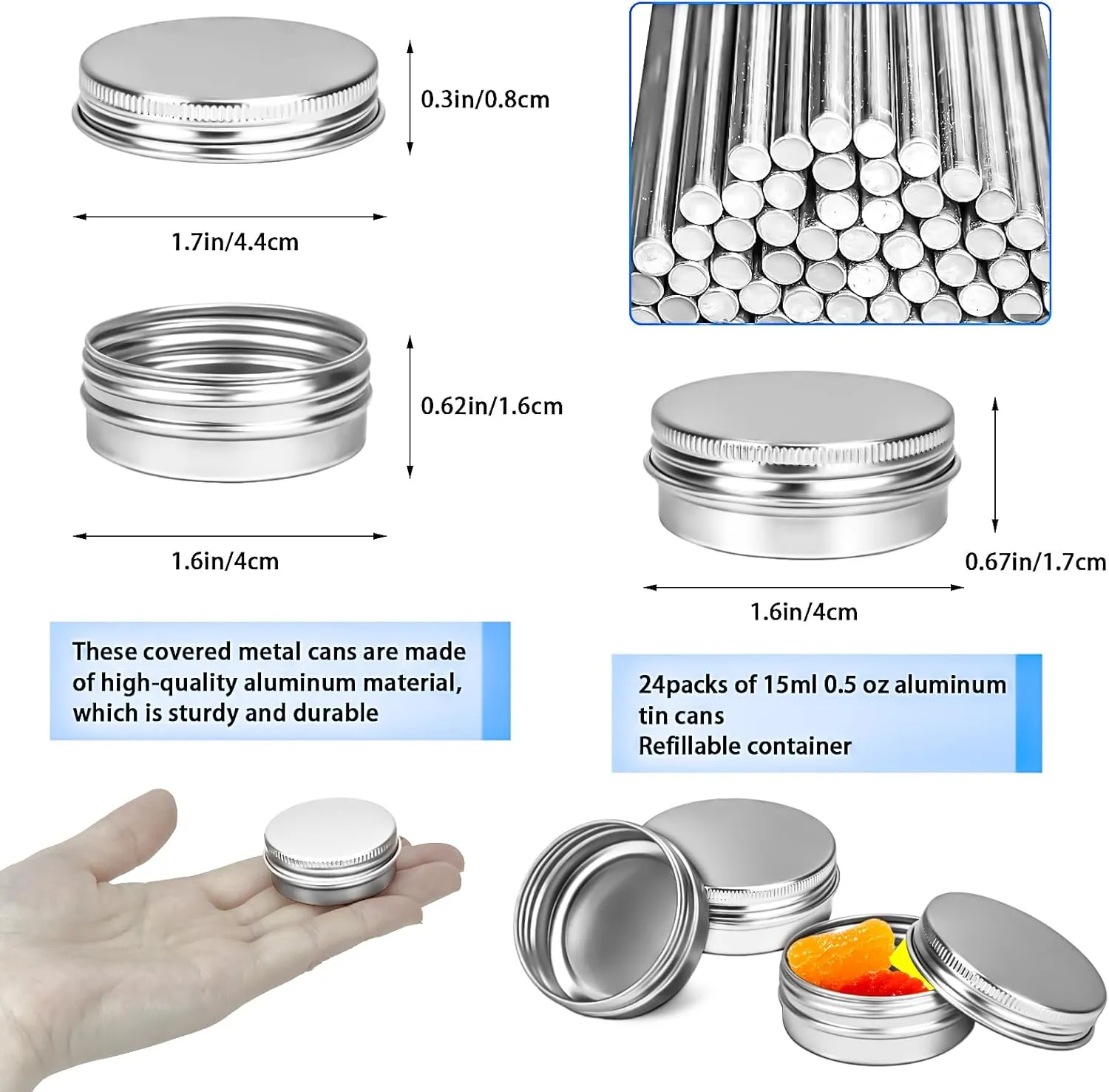 MotBach 24 Pack 0.5oz Tin Jars, 15ml Metal Tin cans, 1/2 Ounce Aluminum tin can jar Containers with Lid for Lotion Bars, Beard Balm, Spices, Salve, Balms, Toiletries, Creams, Samples, Makeup Cosmetic