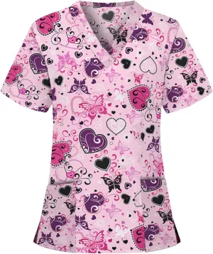 PETYCZEN Womens Scrub Tops Cute Animals Print V Neck Short Sleeve Shirts Stretch Nurse Uniform Medical Scrubs with Pockets