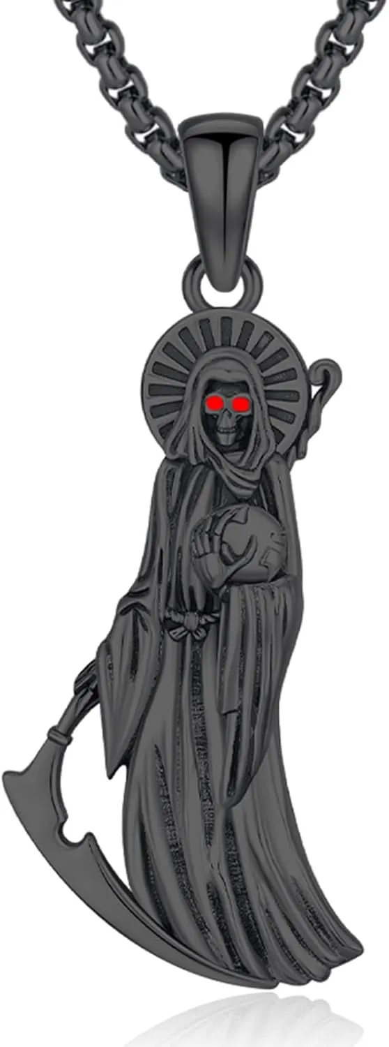 Santa Muerte Necklace Grim Reaper Pendant 925 Sterling Silver La Santa Muerte Skull Holy Death Amulet Protection Jewelry With Sickle for Men Women Holiday Gifts