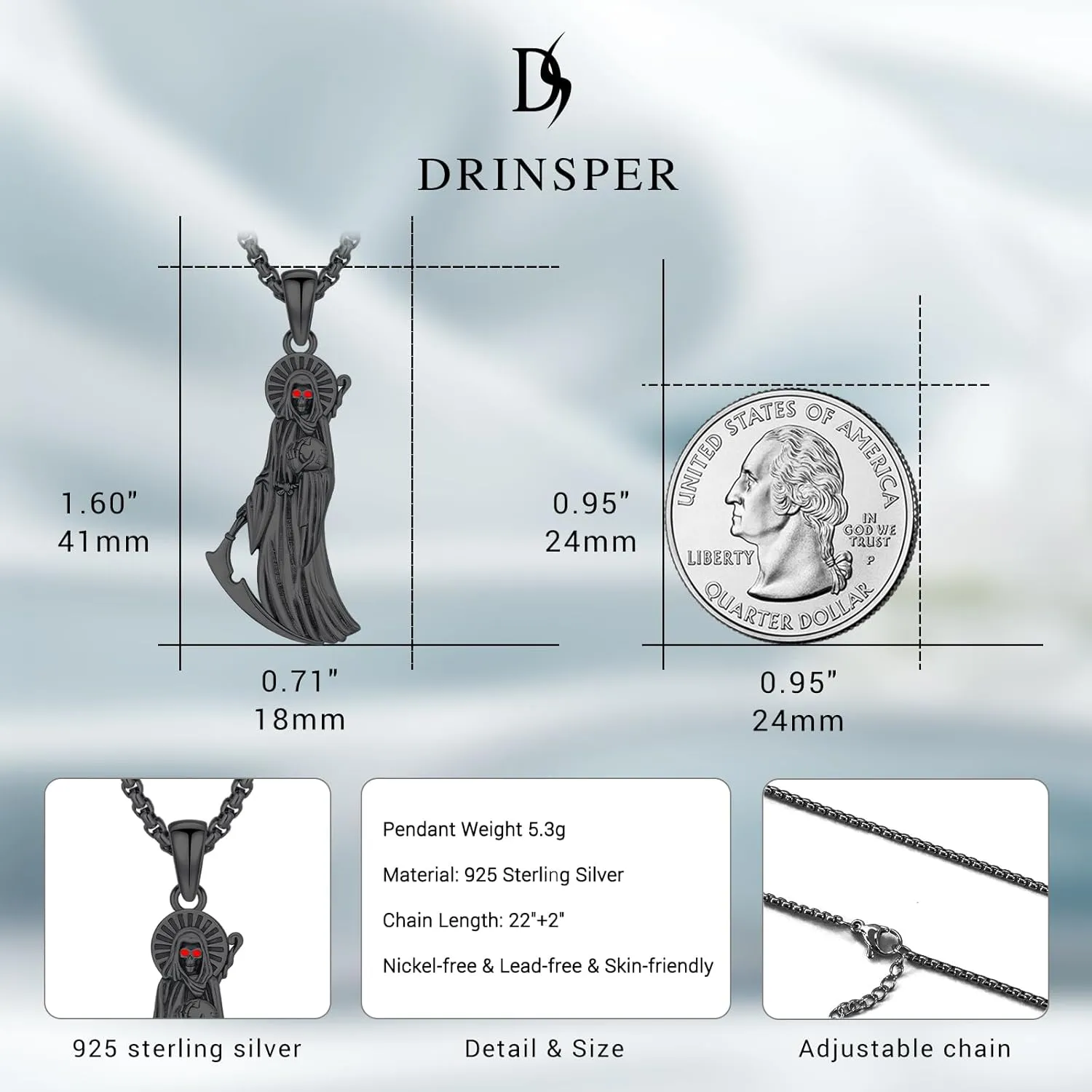 Santa Muerte Necklace Grim Reaper Pendant 925 Sterling Silver La Santa Muerte Skull Holy Death Amulet Protection Jewelry With Sickle for Men Women Holiday Gifts