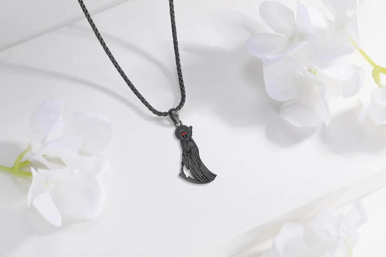 Santa Muerte Necklace Grim Reaper Pendant 925 Sterling Silver La Santa Muerte Skull Holy Death Amulet Protection Jewelry With Sickle for Men Women Holiday Gifts