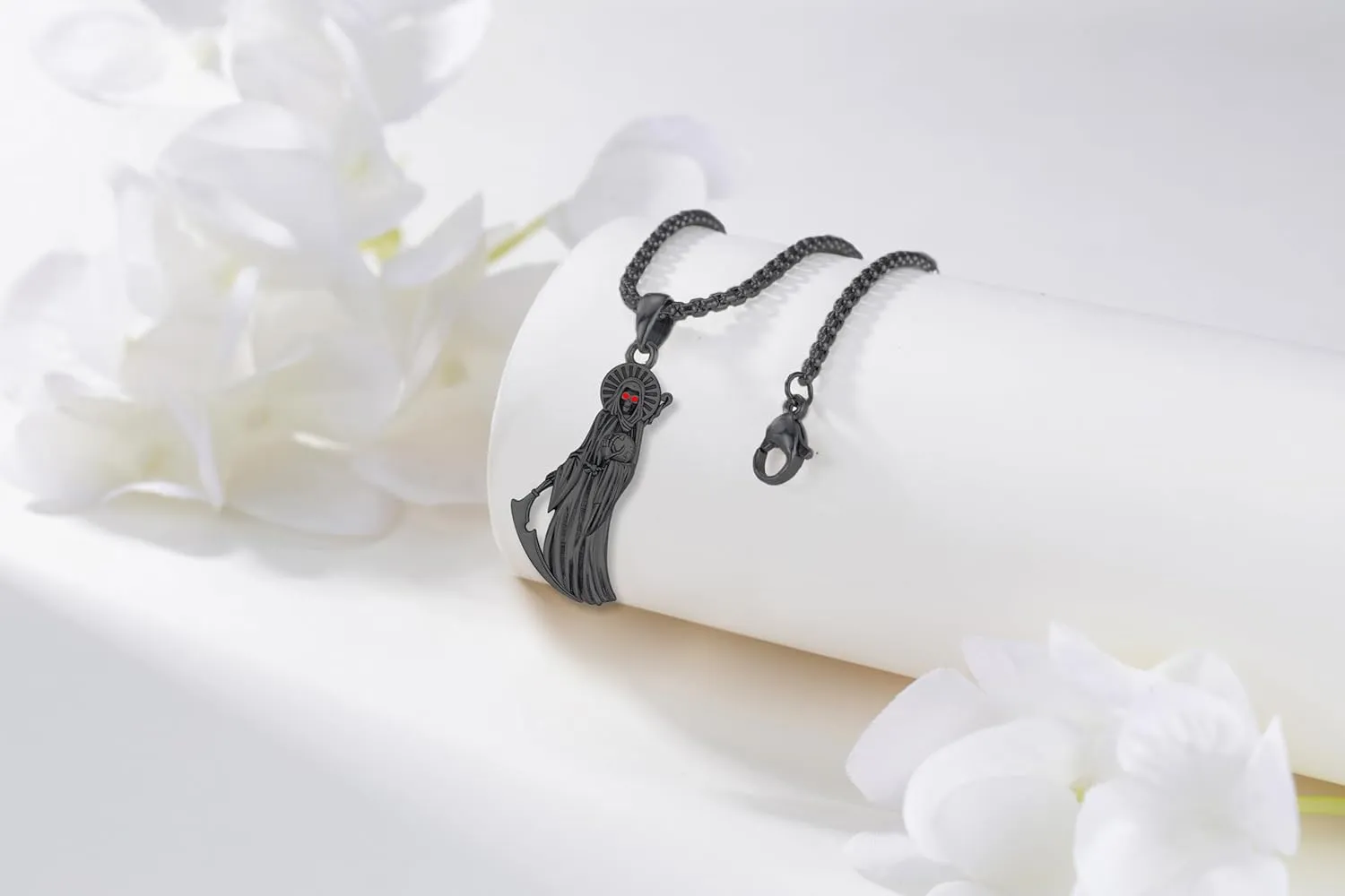 Santa Muerte Necklace Grim Reaper Pendant 925 Sterling Silver La Santa Muerte Skull Holy Death Amulet Protection Jewelry With Sickle for Men Women Holiday Gifts