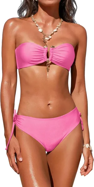 seamoly Swim Suits for Women 2025 Sexy Cutout Metal Ring Strapless Bikini Set Padded Open Back Tie Side Thong Bathing Suits