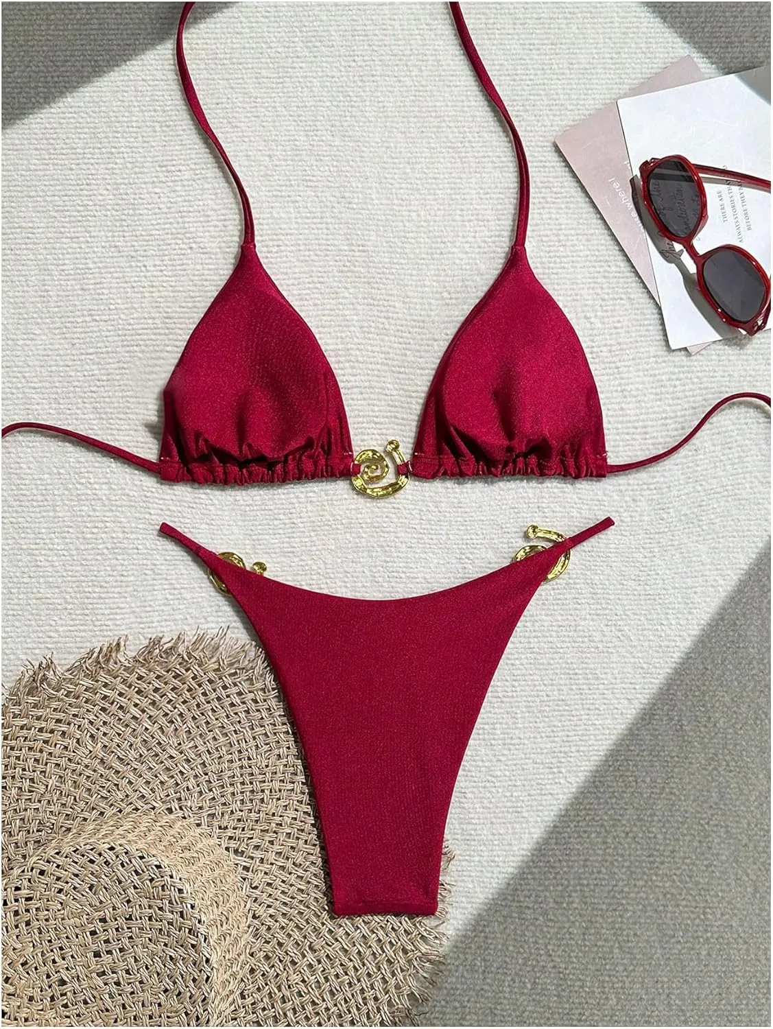 SHENHE Women's Thong Bikini Set Halter 2 Piece Swimsuit Triangle Metal Ring Bathing Suits