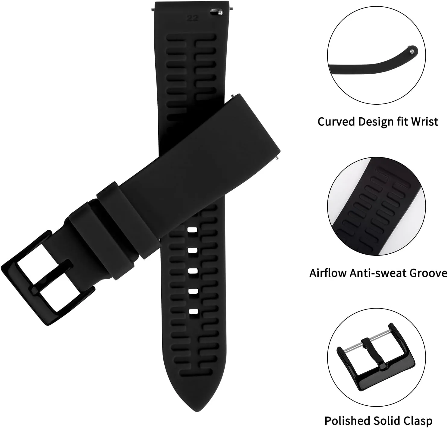 TStrap Silicone Watch Band for Men - Black Quick Release Watch Band for Women Soft - Waterproof Smart Watch Bracelet Clasp - Correa de Silicona para Reloj Replacement - 18mm 19mm 20mm 21mm 22mm 24mm