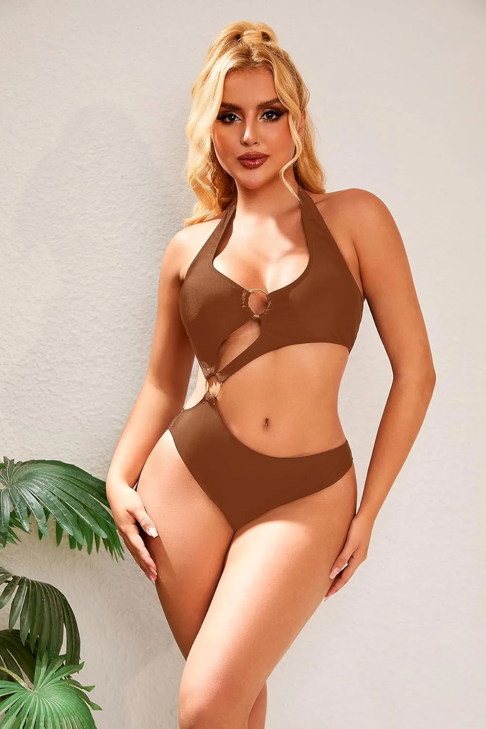 Women One Piece Swimsuit Slimming Cutout Fashoin Swimwear Metal Ring Bathing Suit Female Beachwear