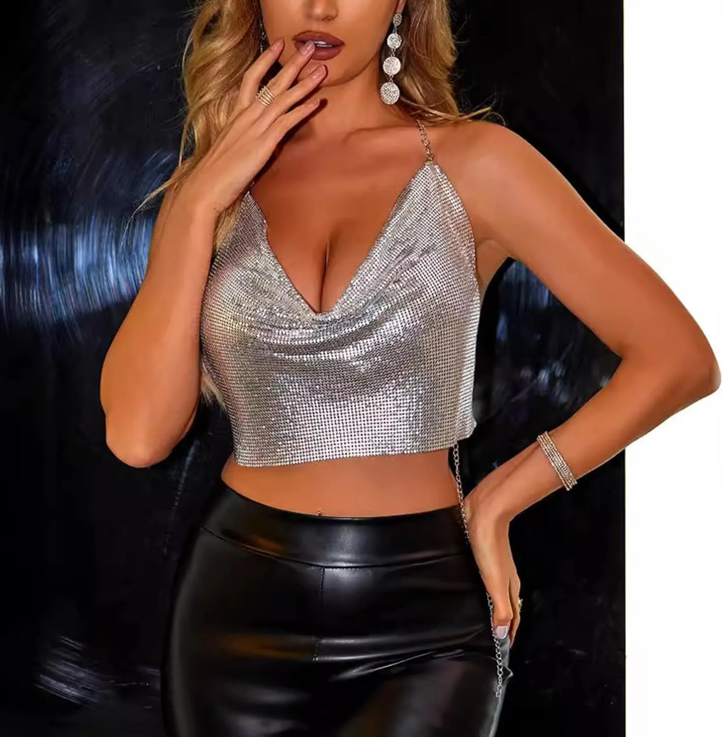Women's Metallic Sequin Glitter Vest with Deep V-Neck Evening Party Shirt Crop Tank Tops Silver/Gold(50 * 30CM)
