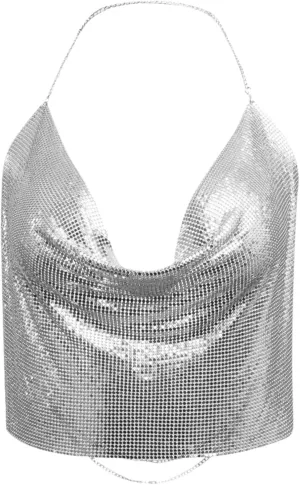 Women's Metallic Sequin Glitter Vest with Deep V-Neck Evening Party Shirt Crop Tank Tops Silver/Gold(50 * 30CM)