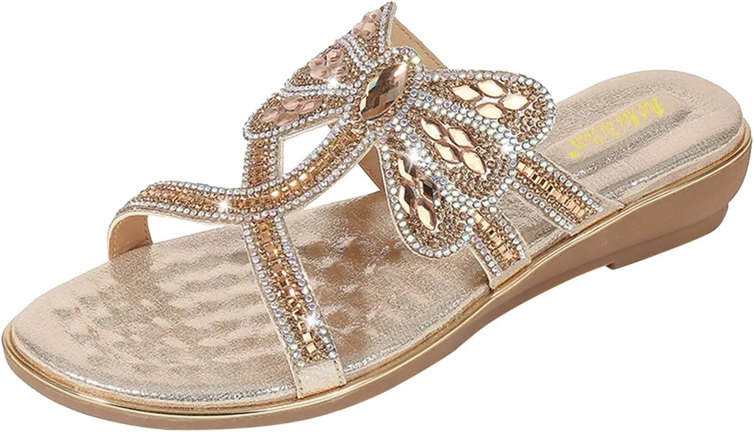 Womens Summer Sandals Comfortable Slides Slip on Low Wedge Flat Sandal Rhinestones Dressy Wedges with Memory Foam
