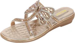 Womens Summer Sandals Comfortable Slides Slip on Low Wedge Flat Sandal Rhinestones Dressy Wedges with Memory Foam