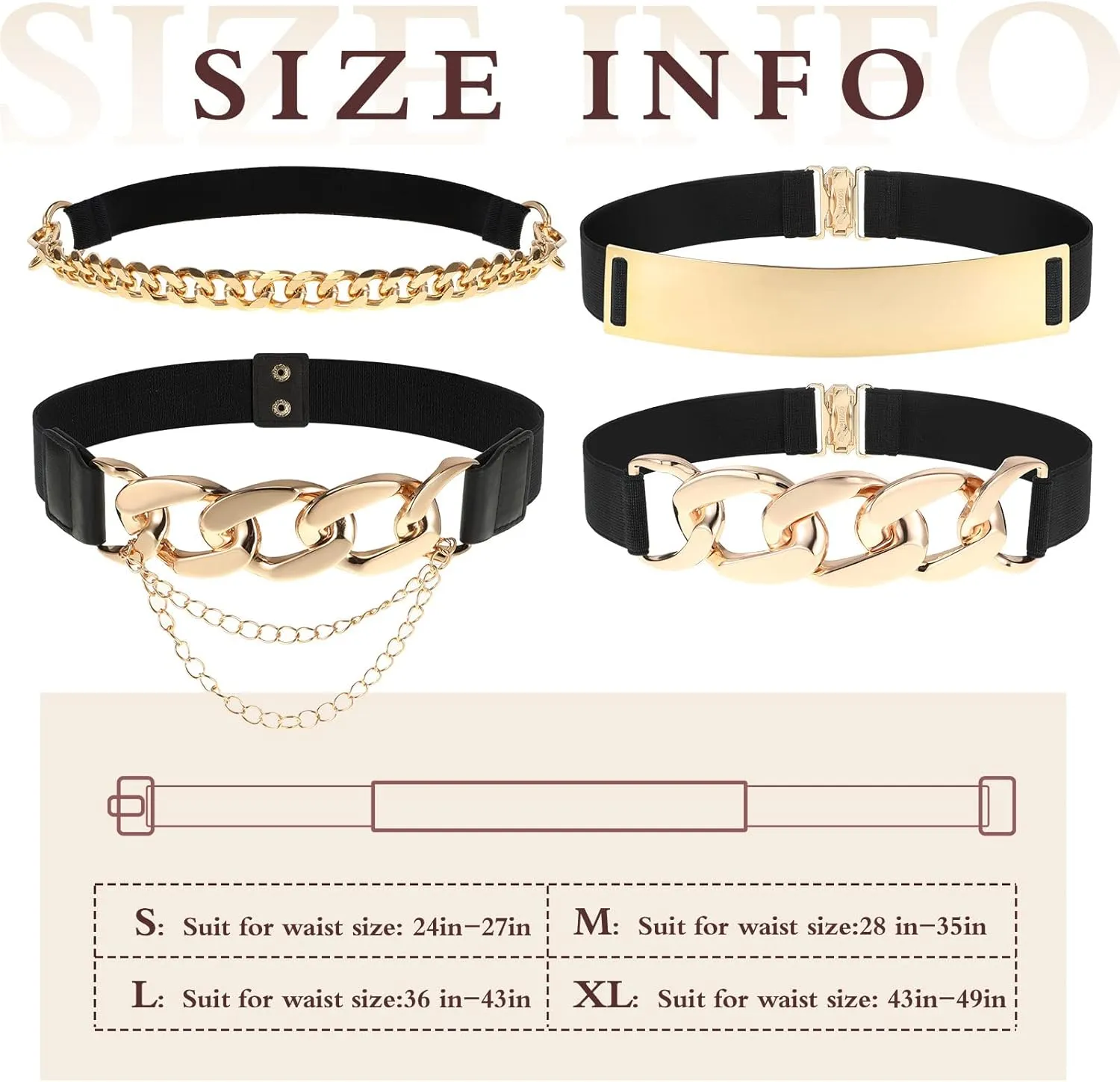 Zhanmai 4 Pieces Belts for Women Metal Gold Stretch Waist Belt Skinny Wide Chain Belt Elastic Belt for Dress