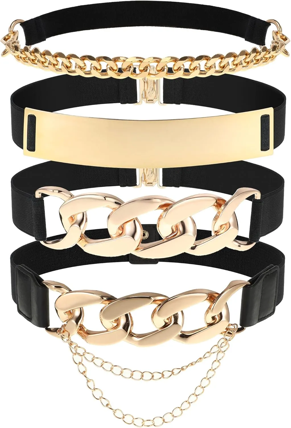 Zhanmai 4 Pieces Belts for Women Metal Gold Stretch Waist Belt Skinny Wide Chain Belt Elastic Belt for Dress