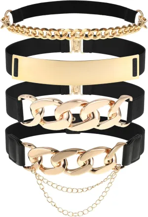 Zhanmai 4 Pieces Belts for Women Metal Gold Stretch Waist Belt Skinny Wide Chain Belt Elastic Belt for Dress